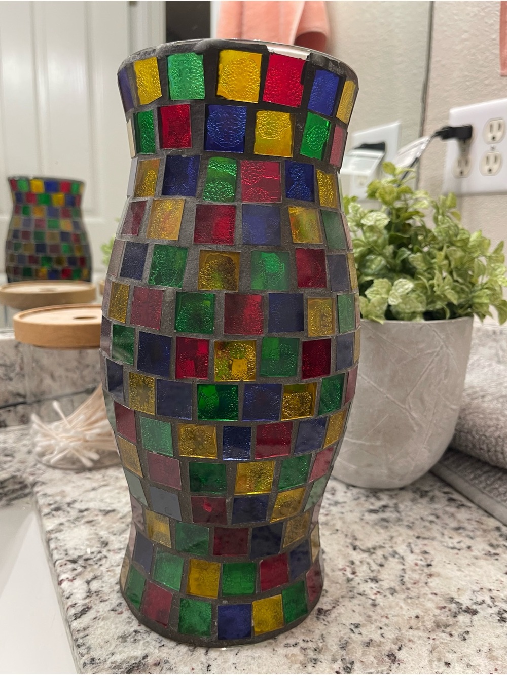 Multicolor Mosaic Glass Candle Holder - Tiled Square Design